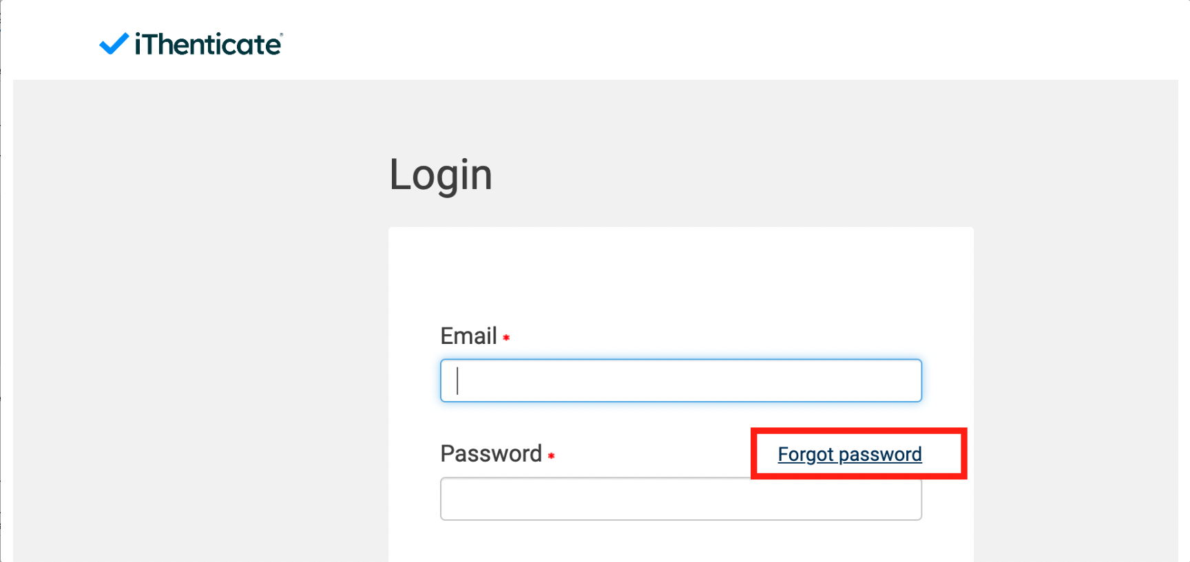 iThenticate Forgot Password login screen link location snapshot